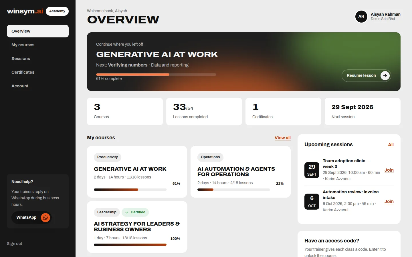 The winsym.ai student dashboard — software we designed and built in-house