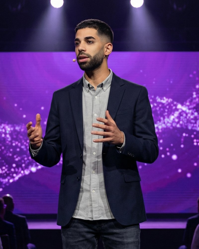 Karim Azzaoui speaking on stage at an AI event